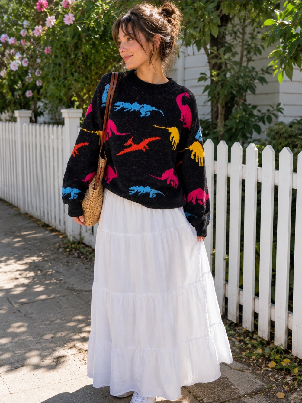 Dreamers by Debut Neon Dinosaur Sweater Women’s Medium Black Novelty Knit